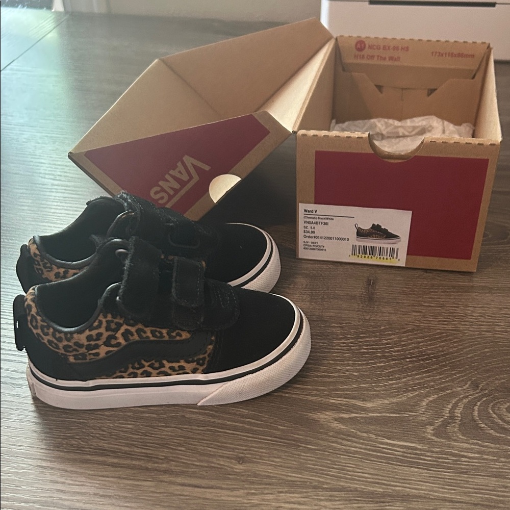 Vans Kids Black and Leopard Print Sneakers
